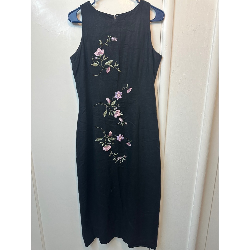 Ultra Dress New York Womens 10 Black Linen Floral Embroidered‎ Midi Sheath Dress